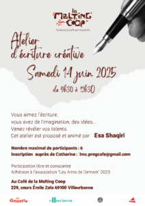 Atelier d'écriture créative Samedi 14 juin de 9h30 à 12h30 au Café de La Melting Coop à Villeurbanne
