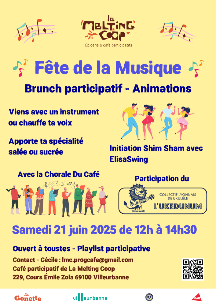 Fête de la musique | Brunch participatif et animations, Samedi 21 juin de 12h à 14h30 au Café de La Melting Coop à Villeurbanne.