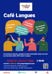 Café langues, viens parler en anglais ou en allemand le jeudi 31 juillet 2025 à 18h30 au Café Participatif de La Melting Coop à Villeurbanne
