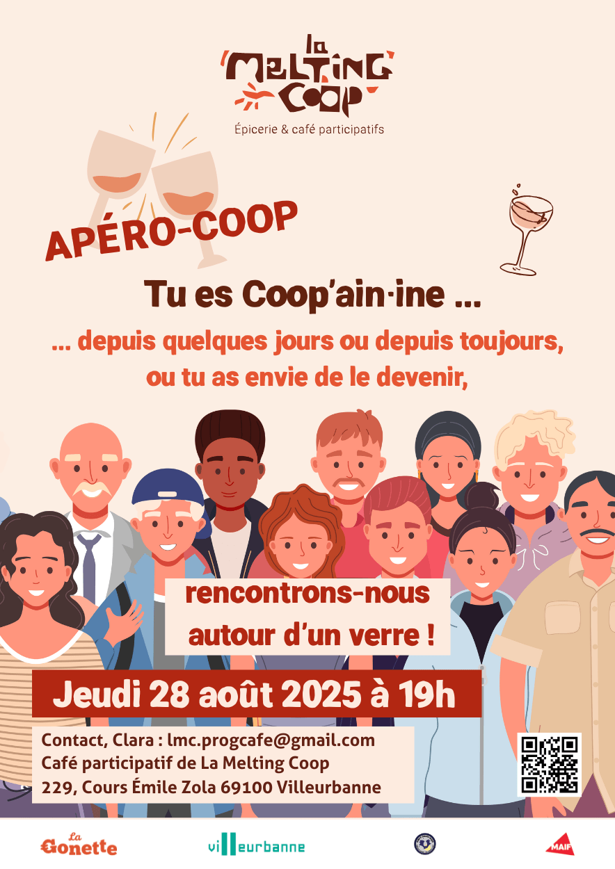 Apéro Coop le jeudi 28 août à 19h au Café de La Melting Coop à Villeurbanne.
